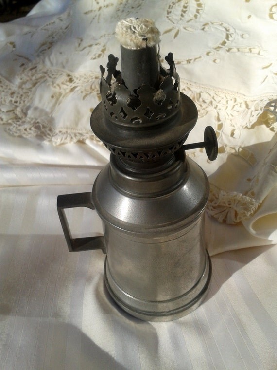 Vintage Oil Lamp French Lantern Pewter Signed Les