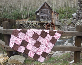 Cottage Chic Pink and Brown Rag Quilt Throw!!! (( Only One-Ready Made- Ready To Ship))