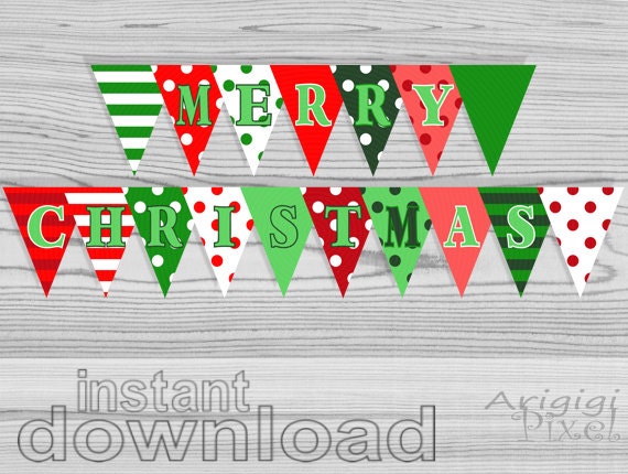 Merry Christmas Party Banner, Polka Dot, Striped, DIY holiday pennant ...