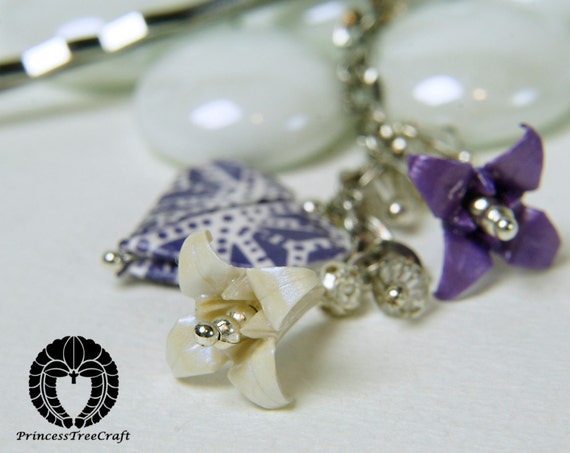 Origami Hair Bobby Pin - Purple, White lilies and a Heart