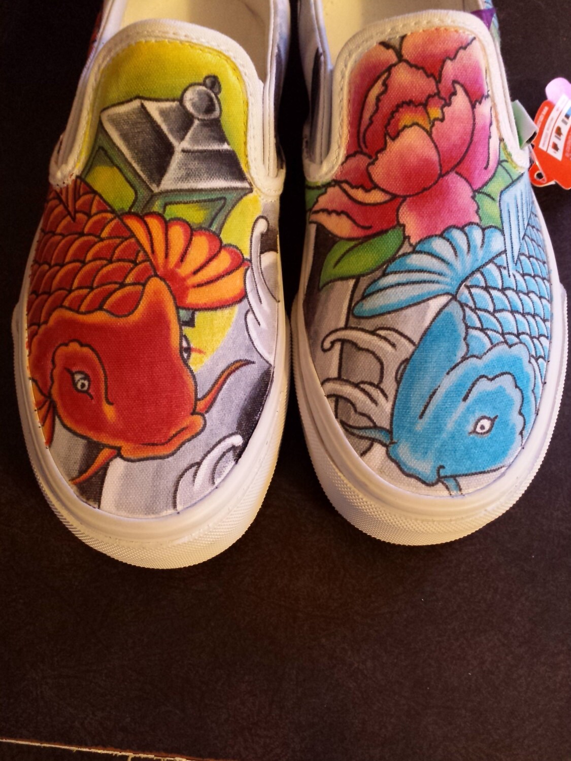 Koi fish Custom Japanese Tattoo style hand drawn shoes. These