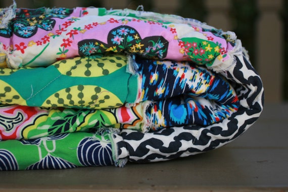 Ready to Ship Picnic Quilt Throw, Rag Quilt, Amy Lark, Black, yellow, green, pink and blue, Modern, Handmade, All Natural