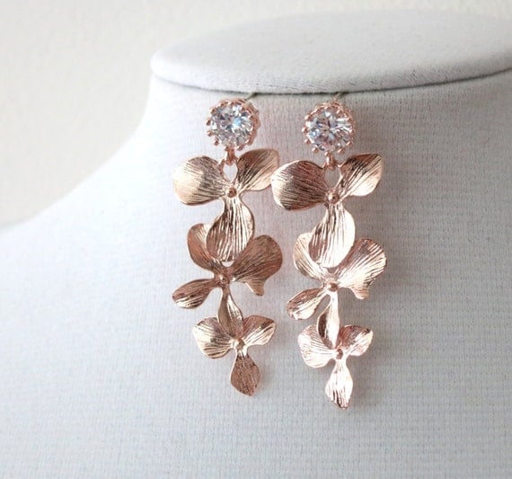 Rose Gold Cubic Zirconia Earring with Orchid Flower Dangle