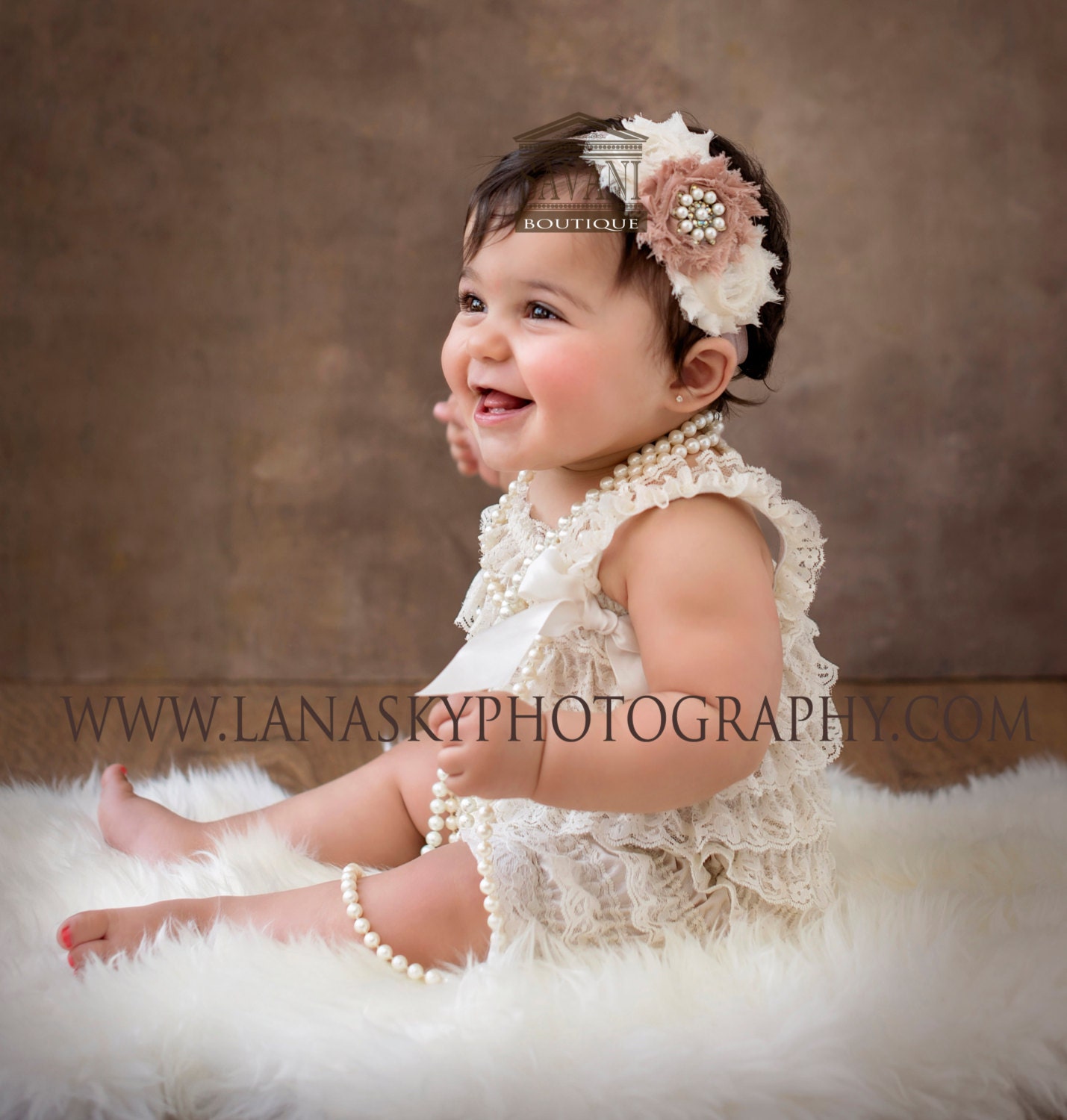 Baby girl lace romper set2 pcs cream romper and headband.