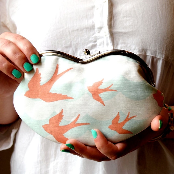 Eyeglasses case - Swallows on ocean flight/ coral and mint green canvas/ smartphone case/wallet/ purse