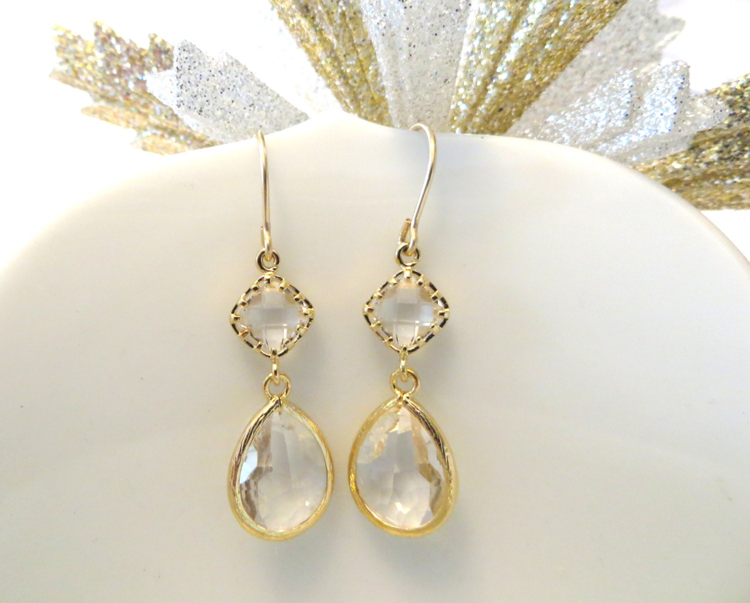 Clear Crystal Earrings Gold Earrings Simple by LoveShineBridal
