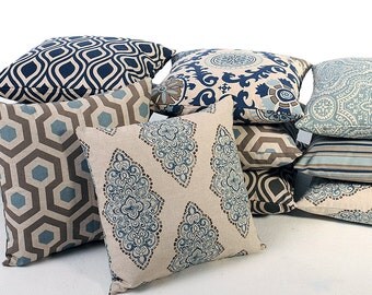 Indigo Decorative Throw Zipper Pillow Cover / Drapery Panels / indigo pillow 16x16 / beige pillow 18x18 / Madison Pillow 20x20 inch-84BD