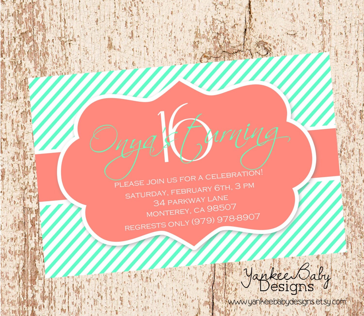 Mint & Coral Stripes Birthday Invitation