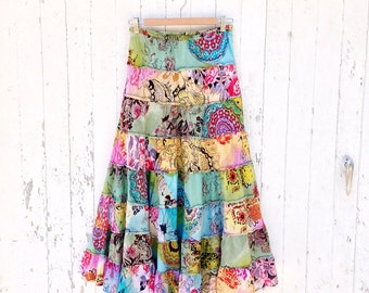 Boho India Hippie Skirt Floral Sz S Pastel Pink Tiered Tapestry Butterfly