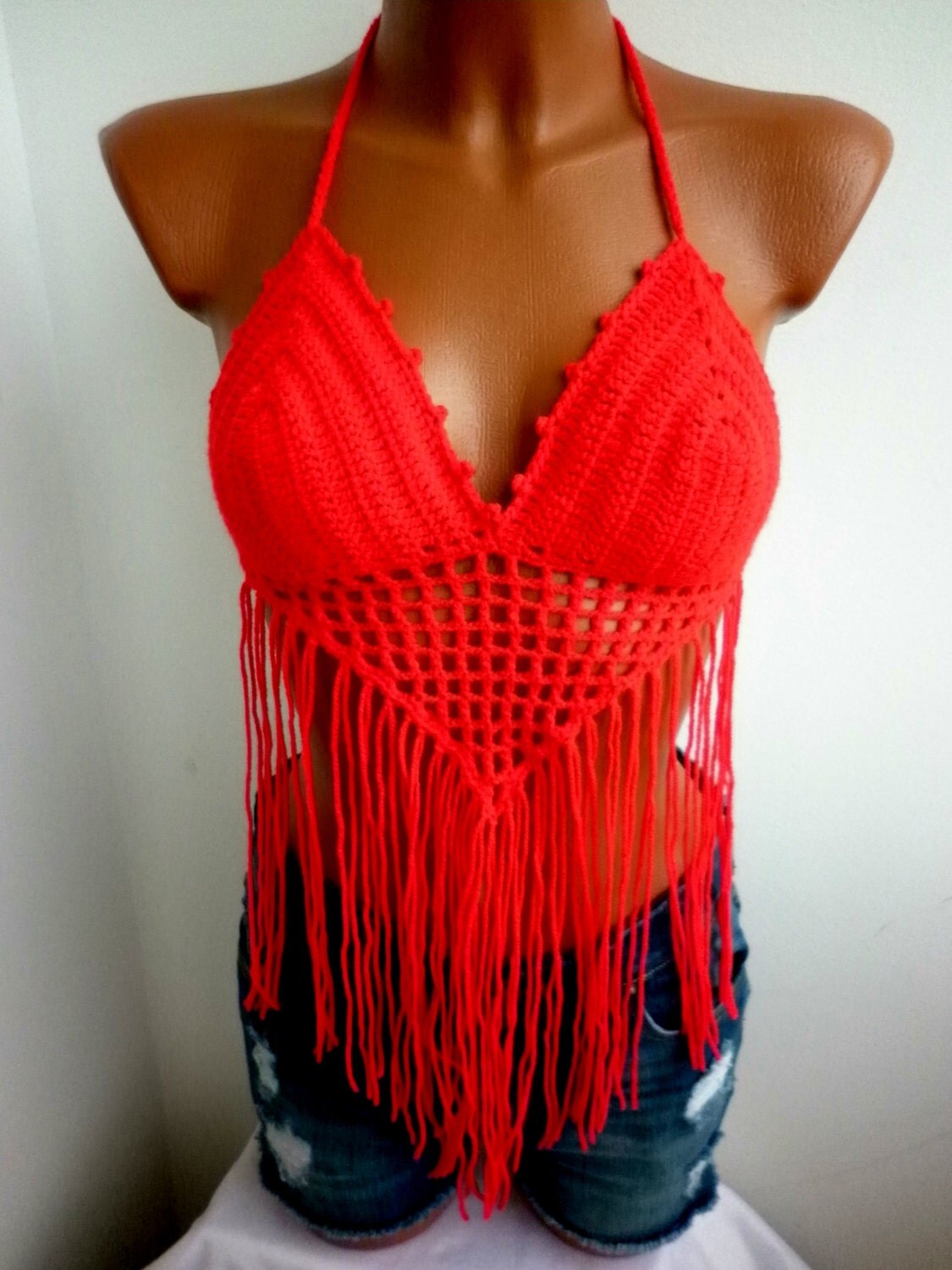 Red Festival Hippie Halter Top Crazy Color Crochet By Elismile