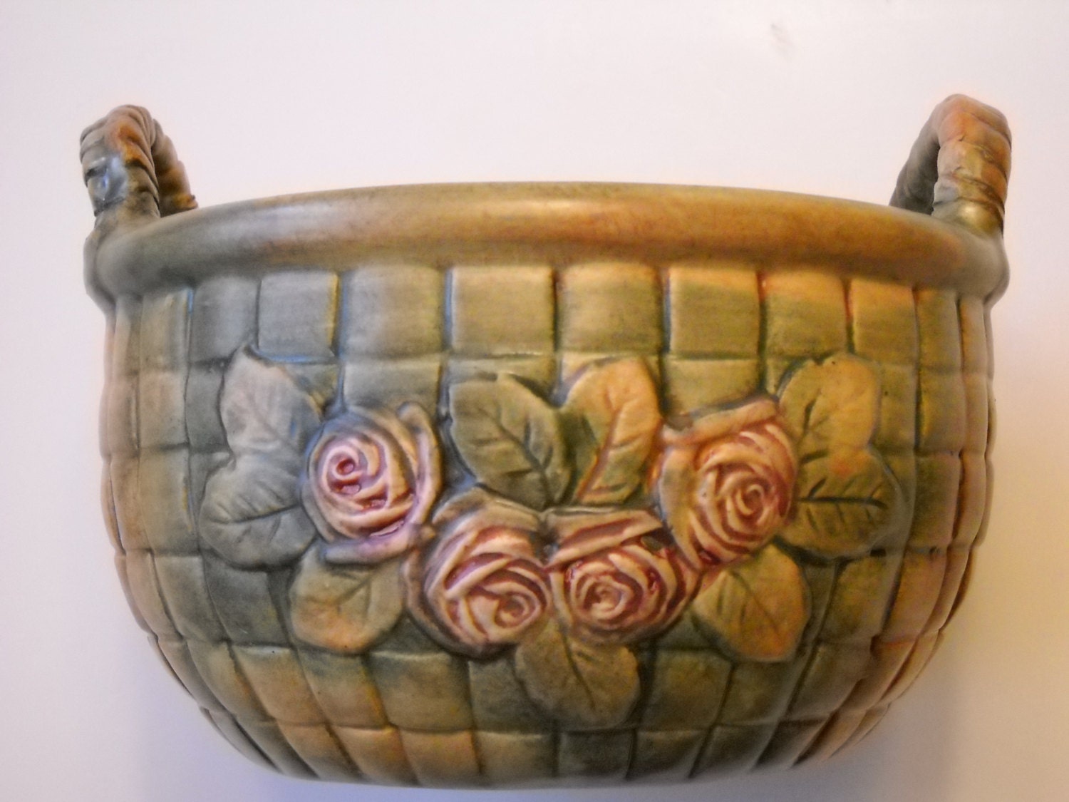 WELLER Pottery Basket with handles decorated with roses
