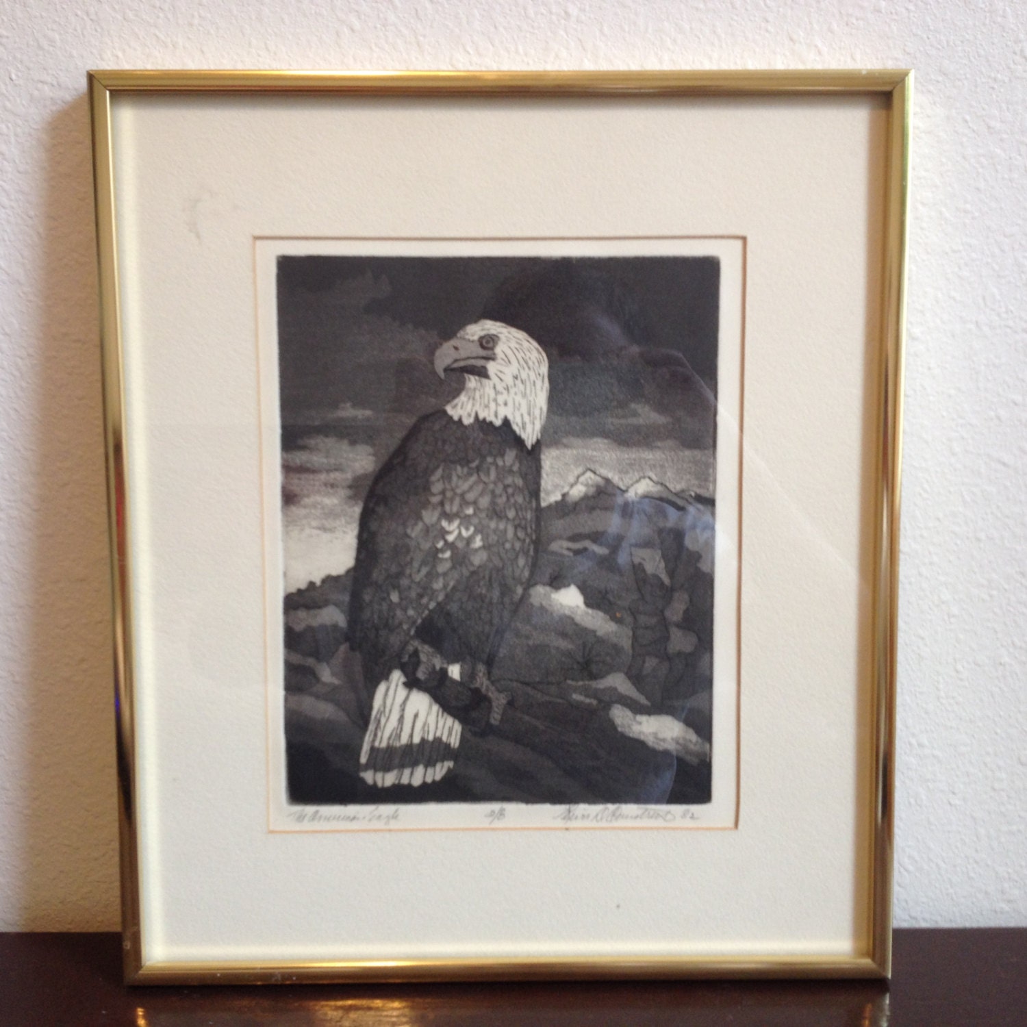 Bald Eagle Art Print 1982 framed and matted signed and