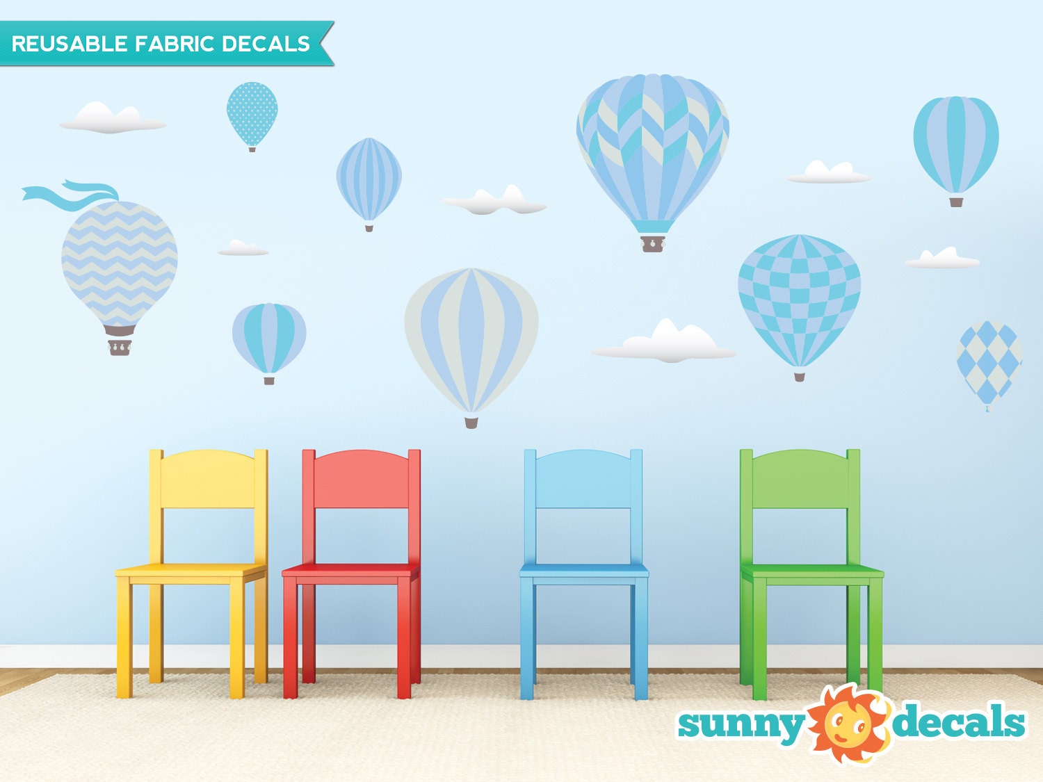 Hot Air Balloons Fabric Wall Decals with 9 Hot Air Balloons