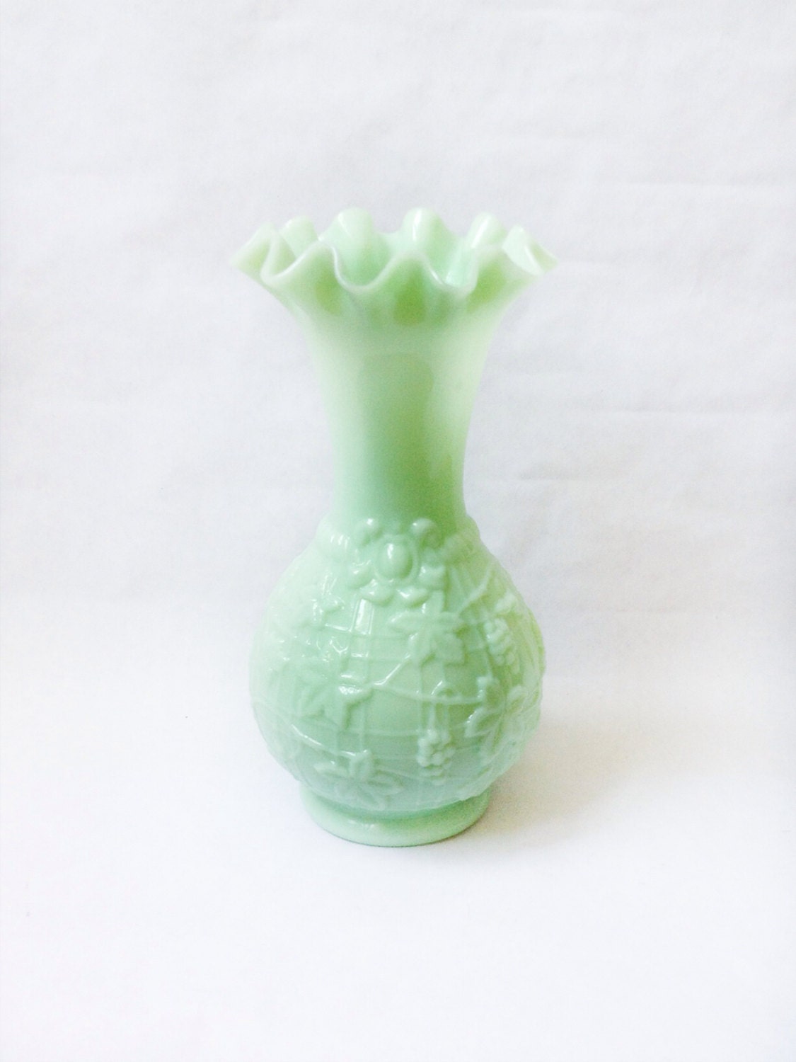 Vintage French Jadeite Vase with Grapevine Motif