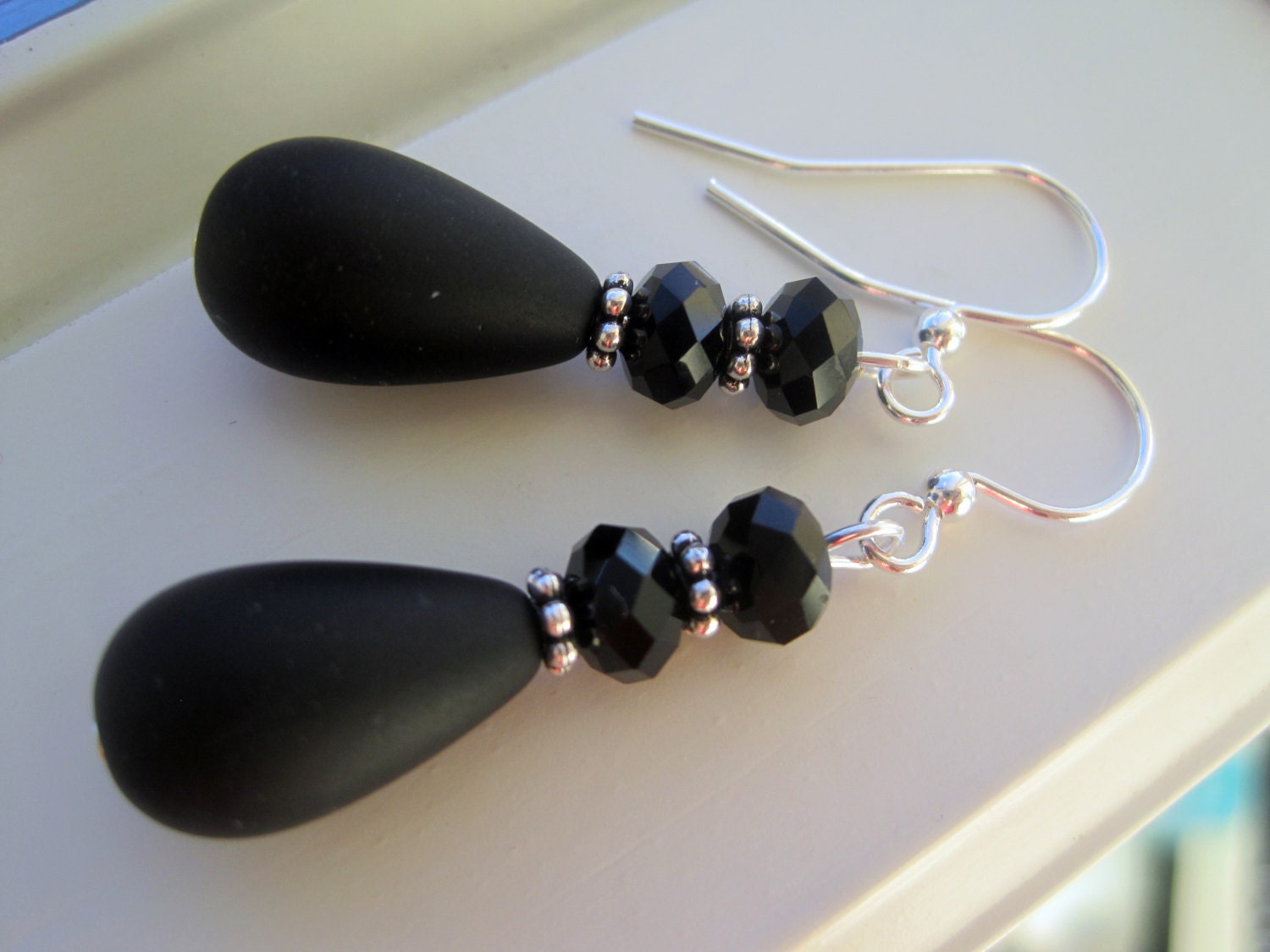 Black Glass Earrings Cultured Sea Glass Jewelry Black