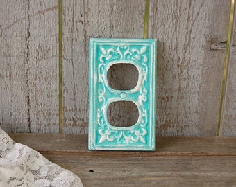 Double Outlet Covers, Shabby Chic, Double Wall Plate, Turquoise, Blue, Aqua, Ornate, Fleur de Lis, Cast Iron