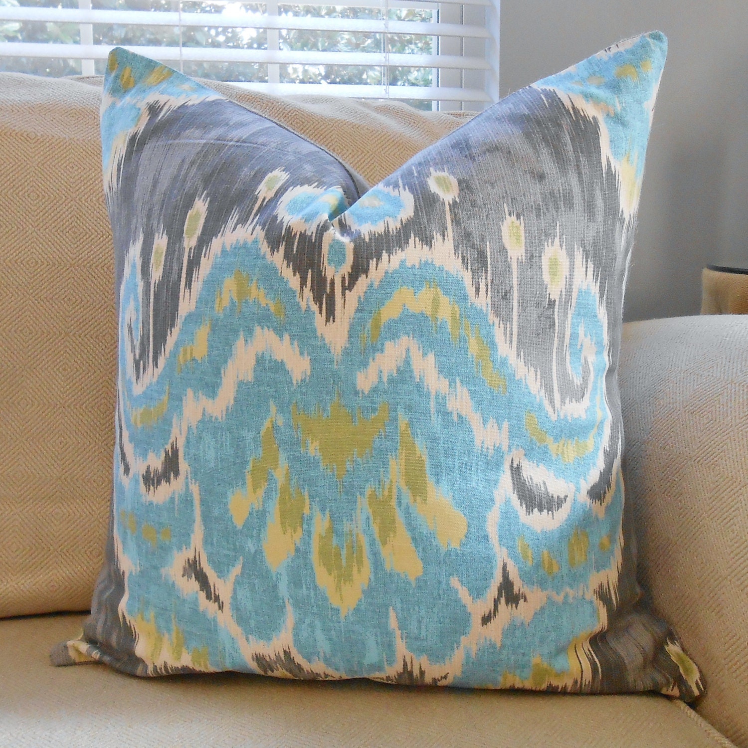 Grey aqua ikat and burlap pillow cover 20 x 20 by LowCountryHome
