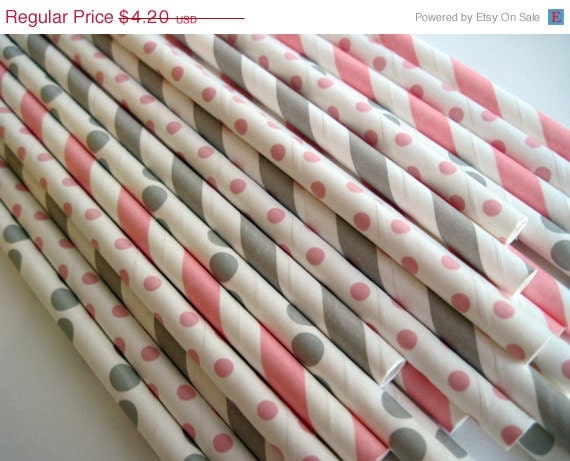 10% off - 25 Pink and Grey Paper Straw Mix - Stripe and Dot - ships less than 24 hours Il_570xn
