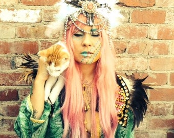 pastel feather headdress with jewels , festival headdress,