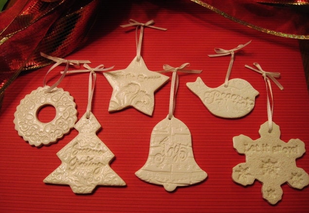 Handcrafted White Clay Christmas Ornaments Texture Theme embossed with Holiday Sentiment Gift, Present, Gift Tag, Heirloom, Unique