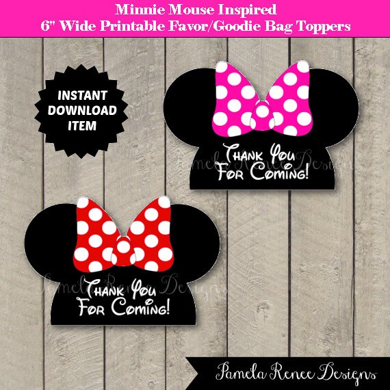 INSTANT DOWNLOAD Minnie Mouse Inspired Printable Favor Bag Topper / Pink or Red / Goodie Bag / Thank You / Minnie Collection Il_570xn