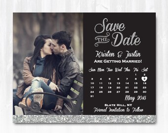Silver Glitter Save The Date Magnet or Card DIY PRINTABLE Digital File or Print (extra) Glitter Calendar Save The Date Photo Save The Date