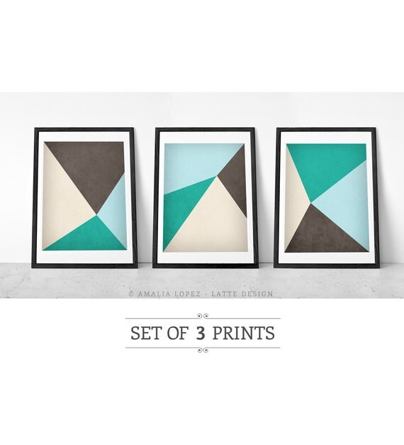 Items similar to Abstract wall art. Set of 3 prints teal and brown