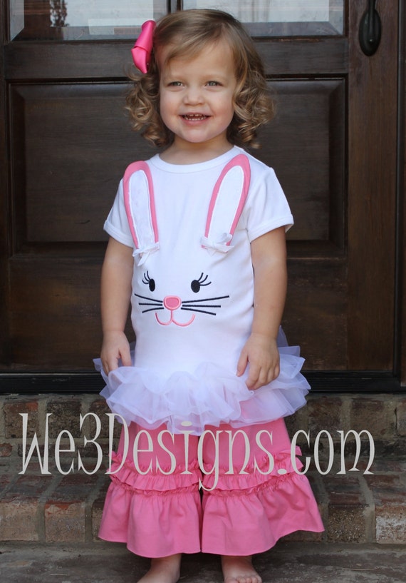 Items similar to Girls Bunny Outfit. Girls Easter Outfit. Bunny Shirt and Double Ruffle Capri
