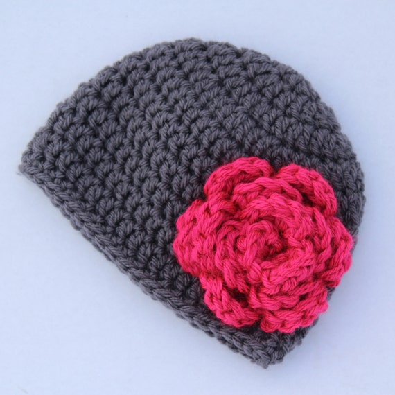 Baby girl crochet grey beanie hot pink flower by HomespunField