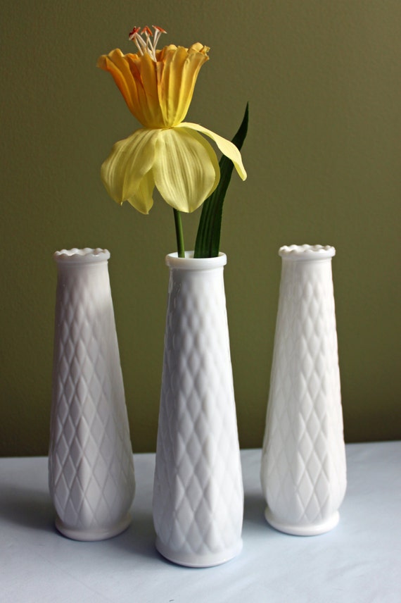 Milk Glass Vases for Floral Arrangements. Set of 3 Vases with