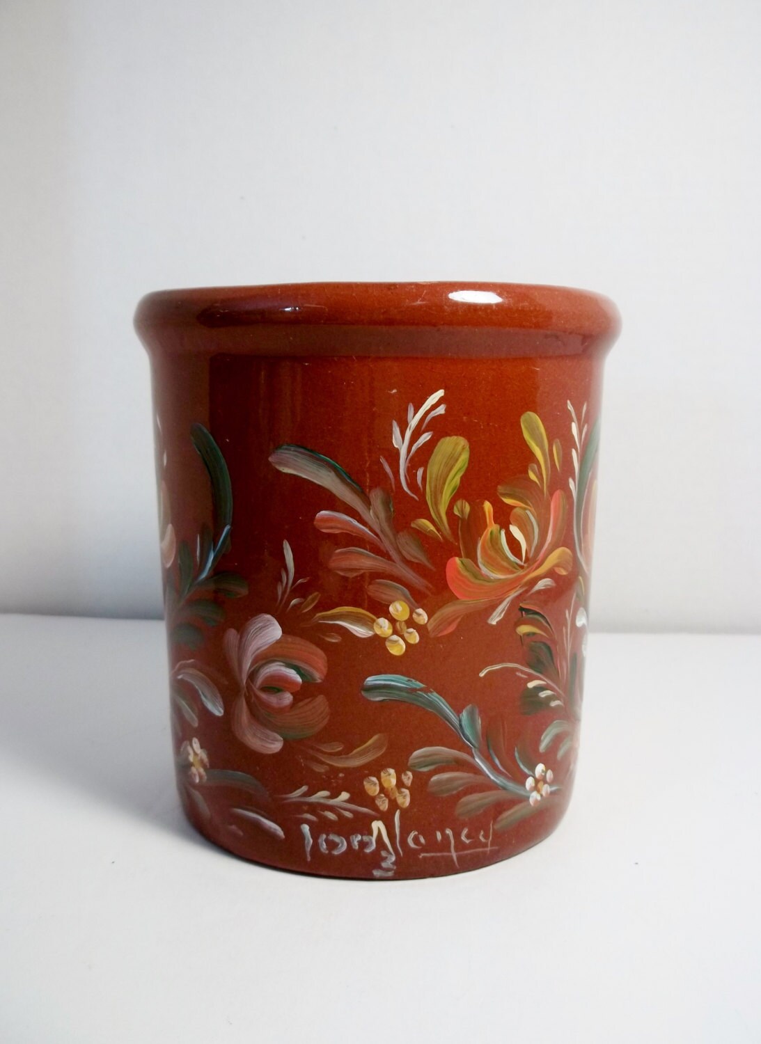 Terracotta Crockery Jar Pot Utensil Holder Rosemaled Hand