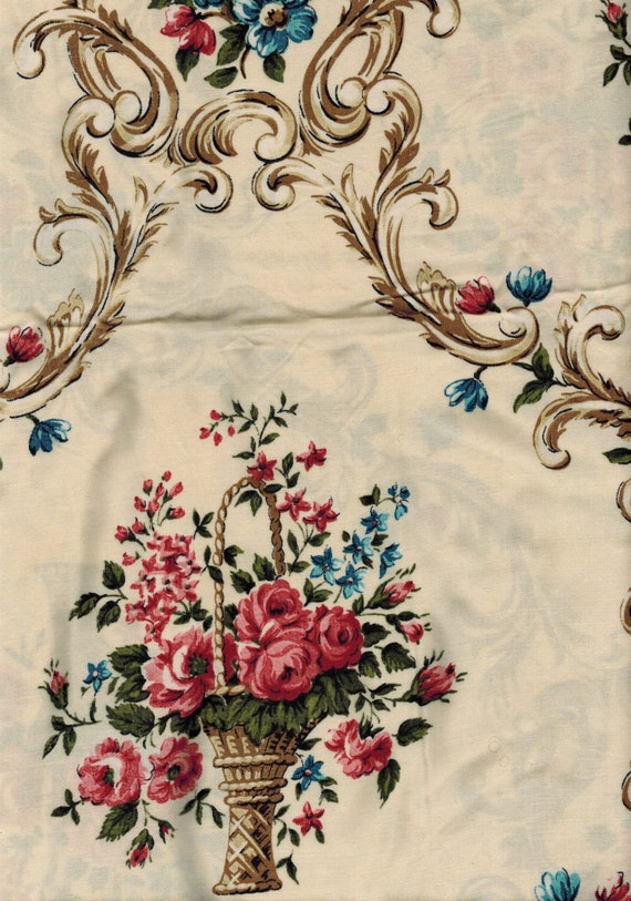 shabby chic roses basket print viscose fabric coupon french 40s 50s vintage from shabby chic roses basket print viscose fabric coupon french 40s 50s vintage from