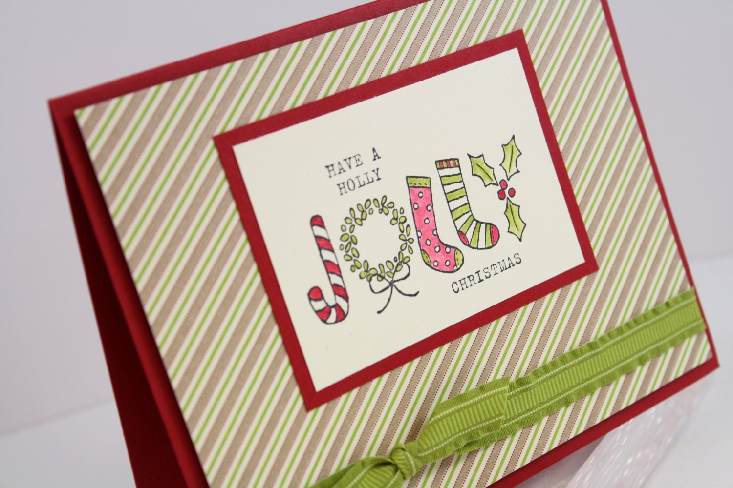 Holly Jolly Christmas Card - Traditional Red & Green Holiday Card - Watercolor card - Inventory Sale!