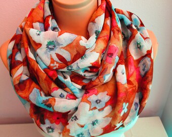 Flowery Infinity Scarf, Shawl Circle Scarf, Loop scarf, Gift Idea, Women Scarf