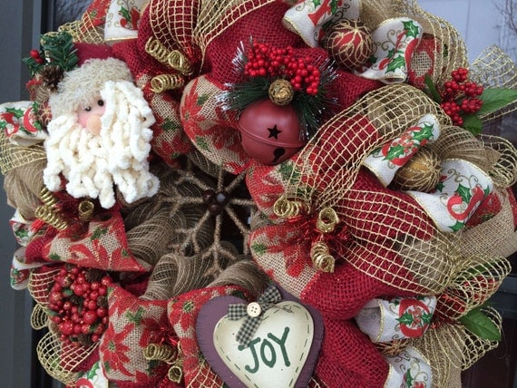 Vintage Red Burlap/Poly Deco Mesh Holiday Wreath With Rustic