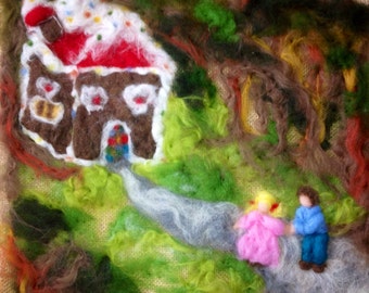 Painting on jute and wool carded Tale "Hansel and Gretel", Waldorf style.