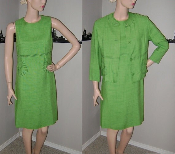 60's Green Suit Dress & Jacket 2 PC Vintage Summer Linen