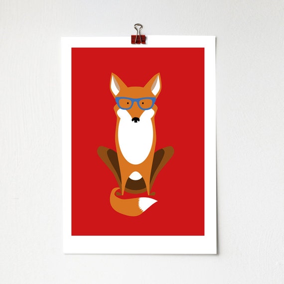 Foxy Geek Intelligent Fox Print A4 8 x 11 fun cute by BJEartshop