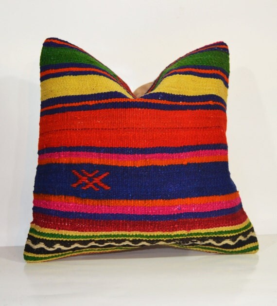 Multicolor Cushion Turkish Kilim Bolster Wool by PillowsHistoric
