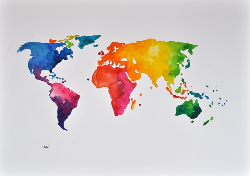 Map Of The World Painting ORIGINAL Abstract World Map Painting, Colorful Decorative Watercolor Map 14x20 Inch, Rainbow Colored World