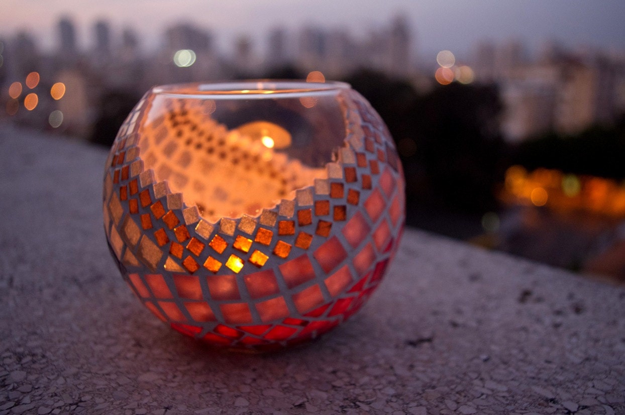 Mosaic candle holder at night handmade-mosaic-candle-holder-LekaArt