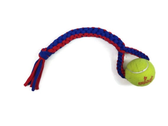 Red and Blue Dog Toy, Upcycled T-shirt and Tennis Ball, Super Strong Dog Tug