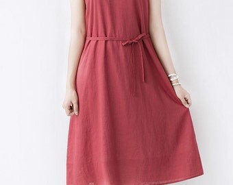 Red linen dress cotton blouse tunic dress Large size cotton dress ...