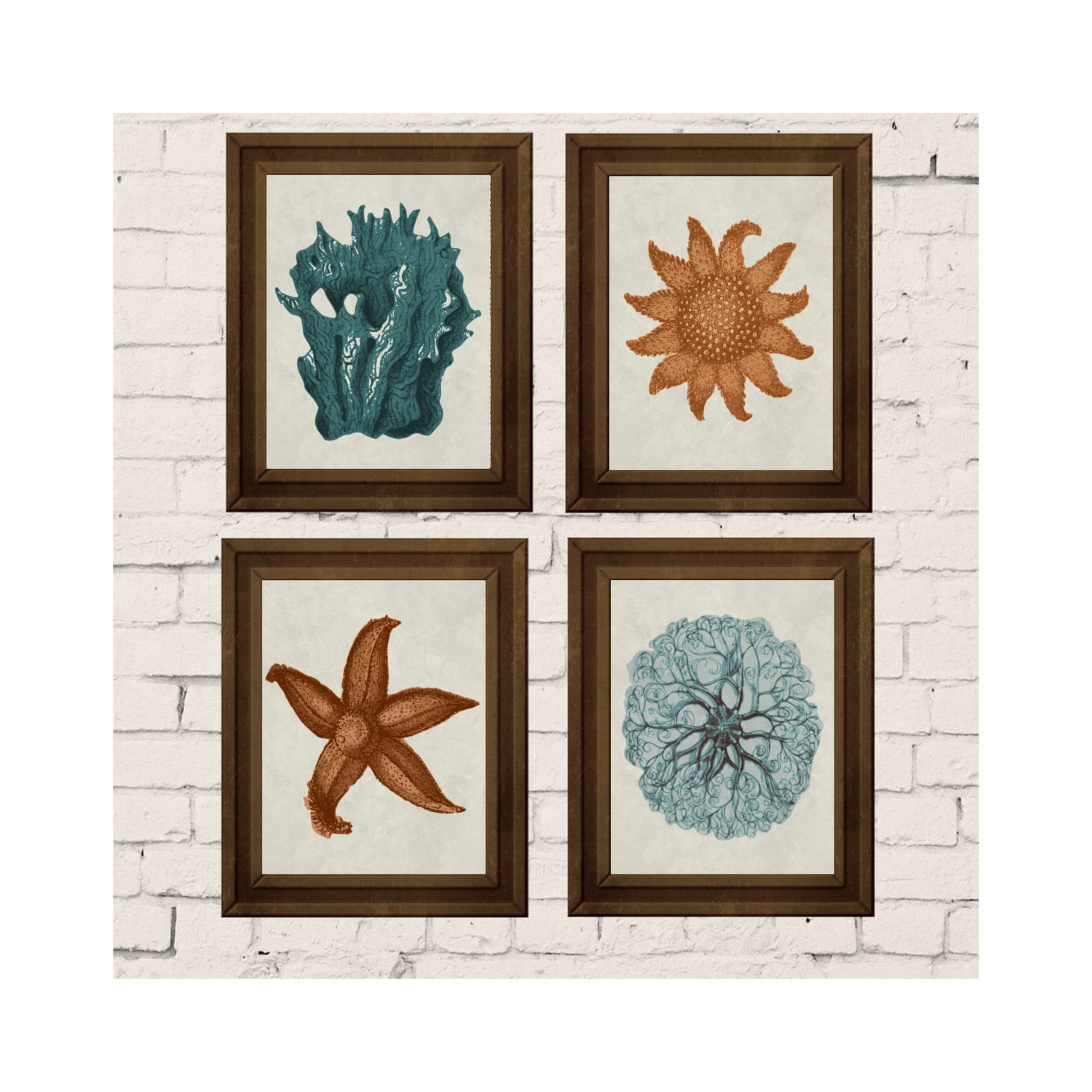 Art Print Set 4 Nautical Wall Decor Teal Coral by ChangingVases