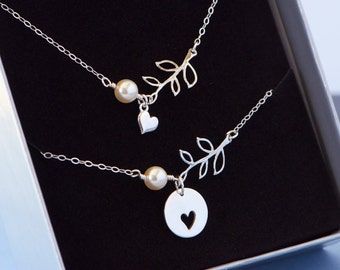 Mother Daughter Necklace, Jewelry, Heart Leaf Necklace Set, Sterling Silver, Sisterhood, Friendship