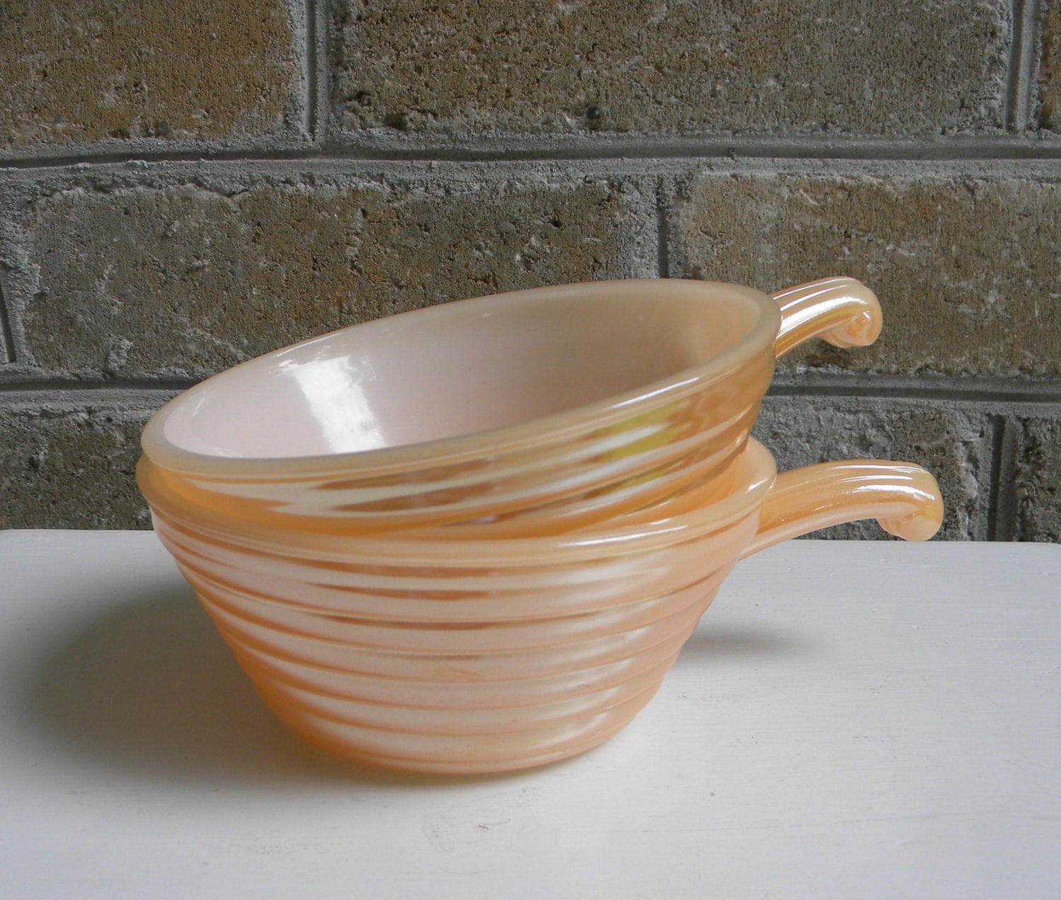 Pair of Vintage Fire King Peach Luster Soup Bowls with Handles