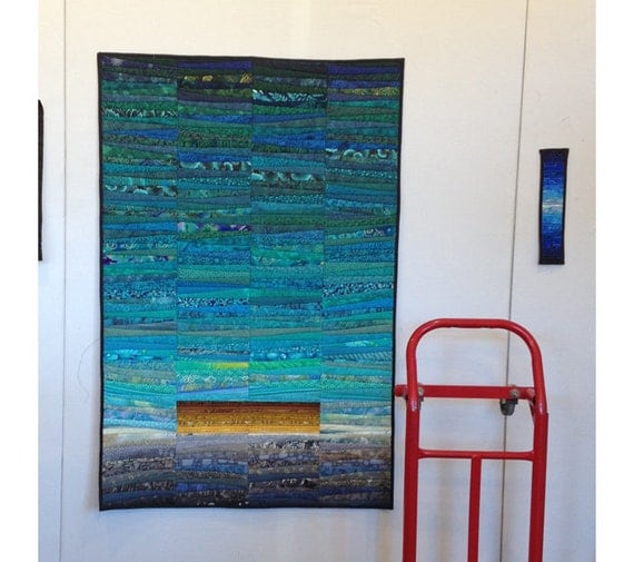 Teal quilted wall hanging. Modern quilt. Abstract by AnnBrauer