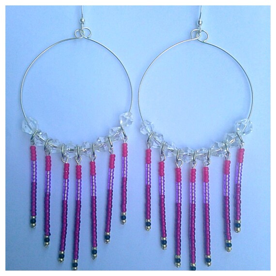 Items similar to Purple Beaded Dangle Hoops on Etsy