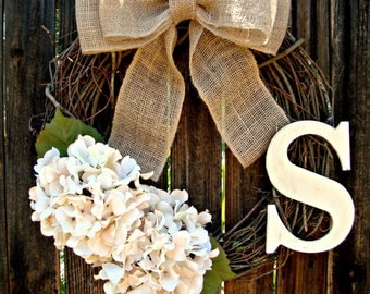White Hydrangea Wreath with Monogram -Spring Wreath - Initial Wreath - Monogram Wreath- Personalized Wreath - Door Wreath - Wreath