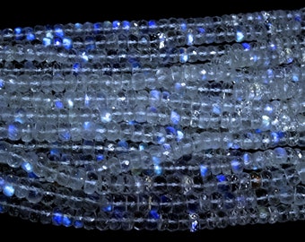Rare AAAA+++ Eye Clean Rainbow Moonstone Super Blue fire 3 mm Faceted Rondelle Full 13 inch strand-